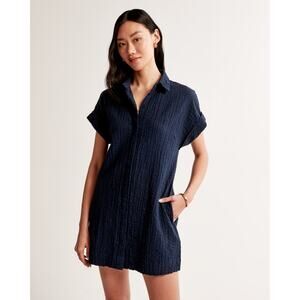 Abercrombie & Fitch Textured Button-Through Shirt Dress Blue Collared - Size S